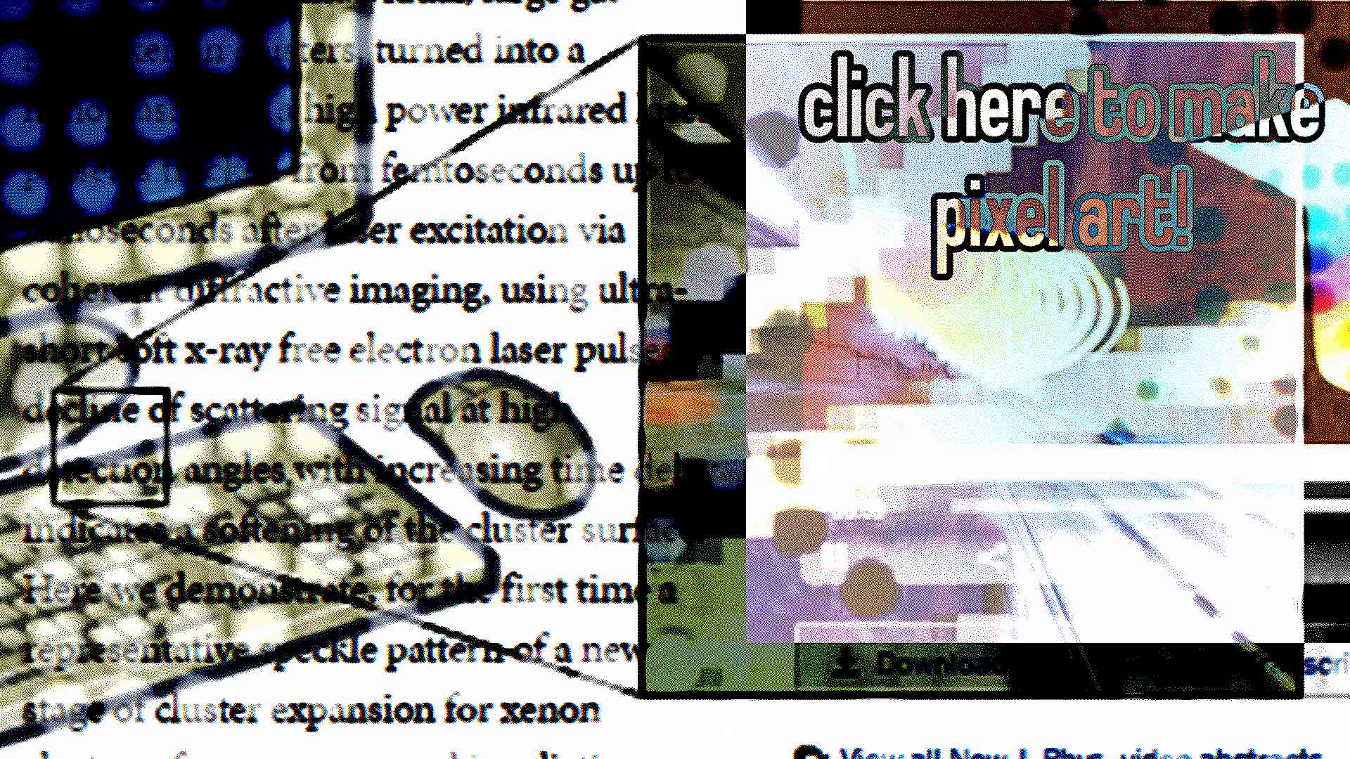 A digital collage with multiple images layered on top of each other. A computer with text on top of it has an emerging diagram that says 'Click here to make pixel art!'