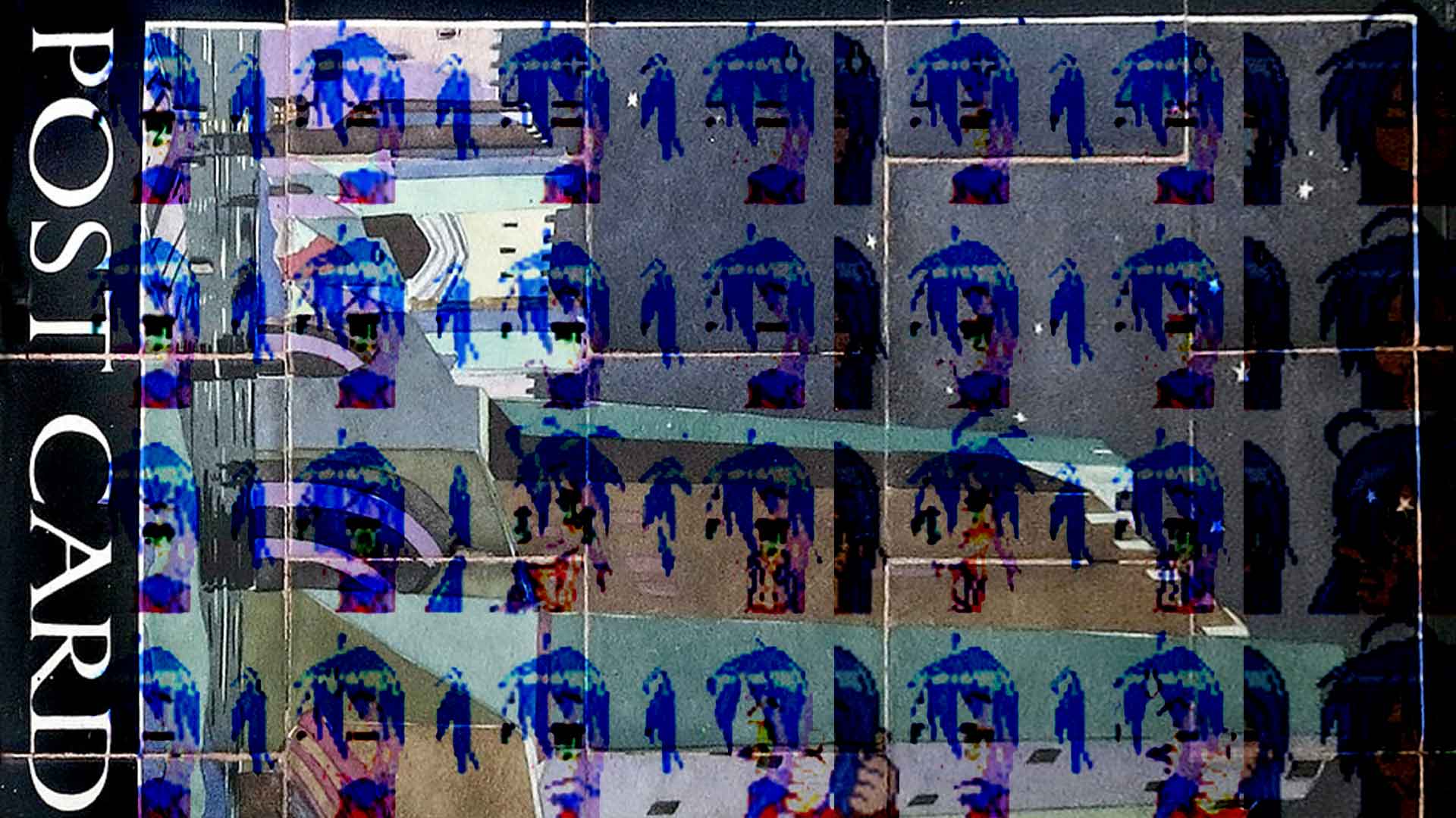 A digital collage with multiple images layered on top of each other. This has a postcard layered under an expression page of an anime girl.