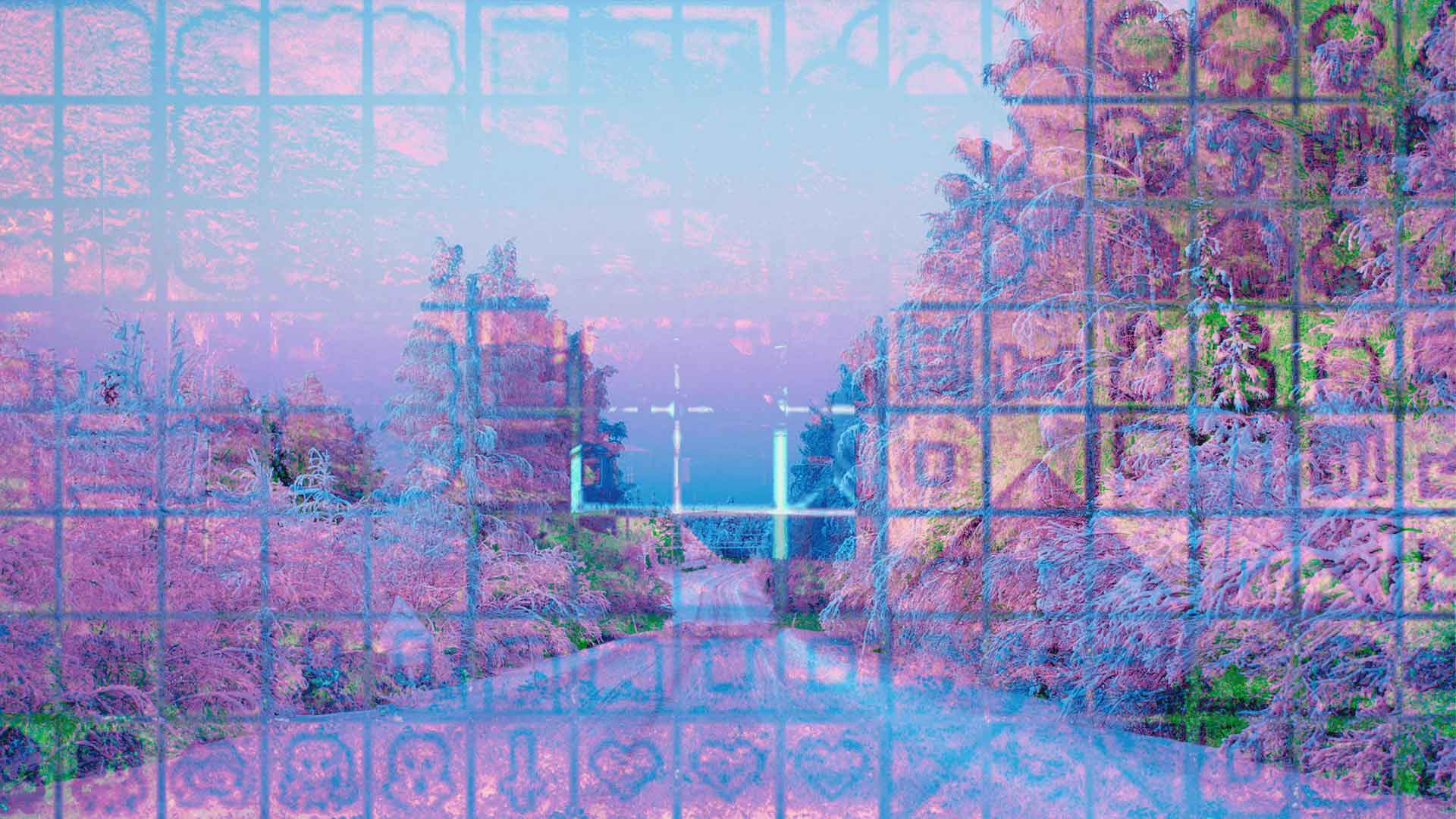 A digital collage with multiple images layered on top of each other. The collage is a photo of a wintery road with a mysterious grid of colours on top of it.