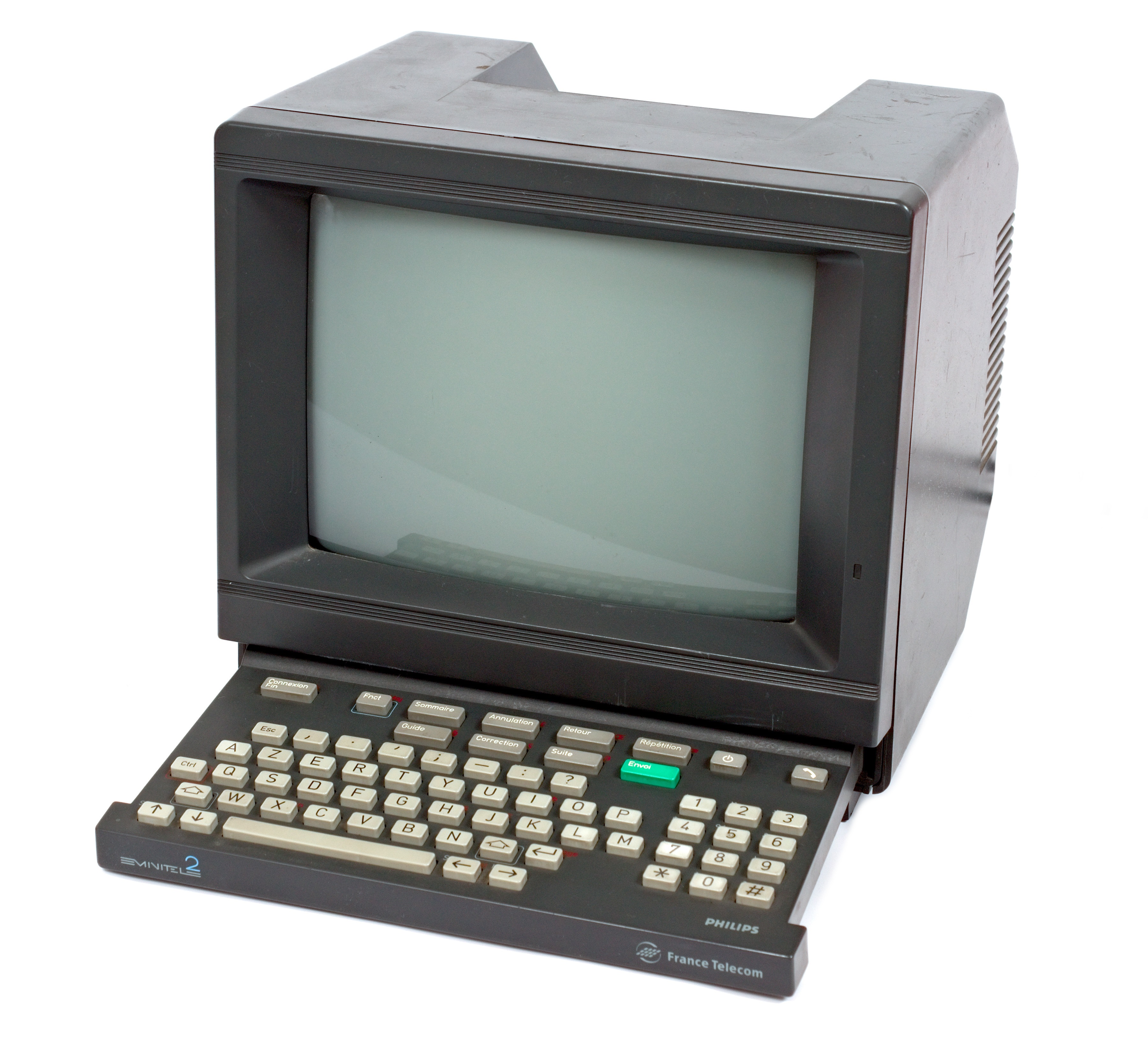 a dark grey minitel on a white background.